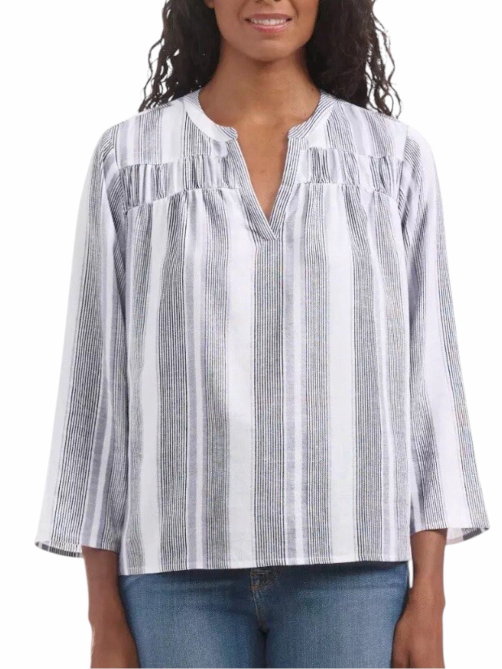 Splendid Striped Linen Blend  Blouse White Lavender Top Lightweight 3/4 Sleeve
